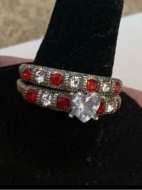 New! Silver-Plated 2-in-1 Bridal Set w/ Red Cubic Zirconia & Clear Crystal Stone